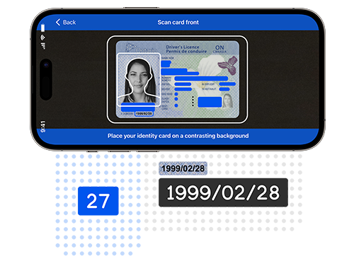 A mobile phone scanning a client's birthdate and age from their driver's licence.